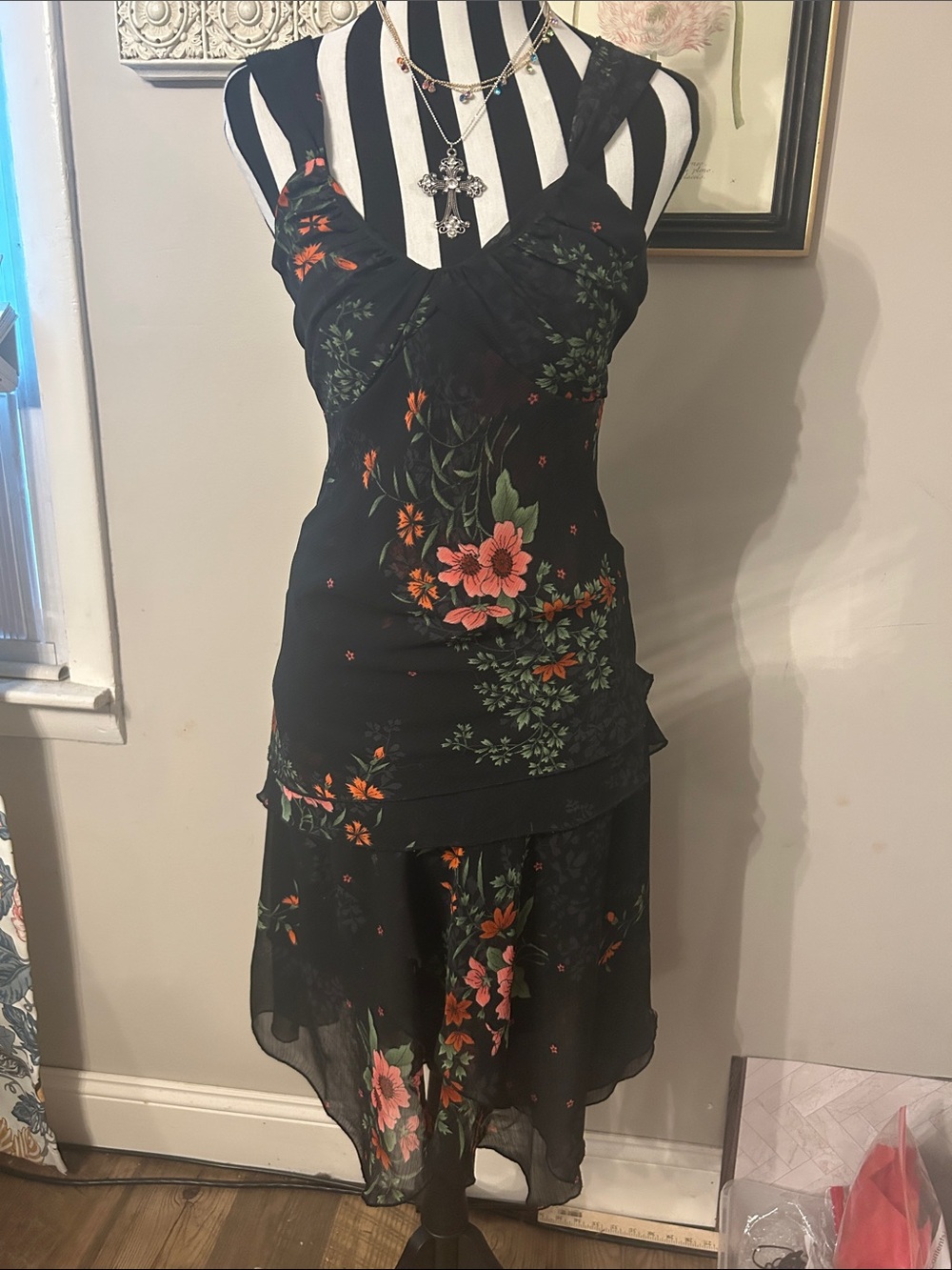 Vintage 90’s Sharon Max romantic Black Floral Asymmetrical Slip Dress small